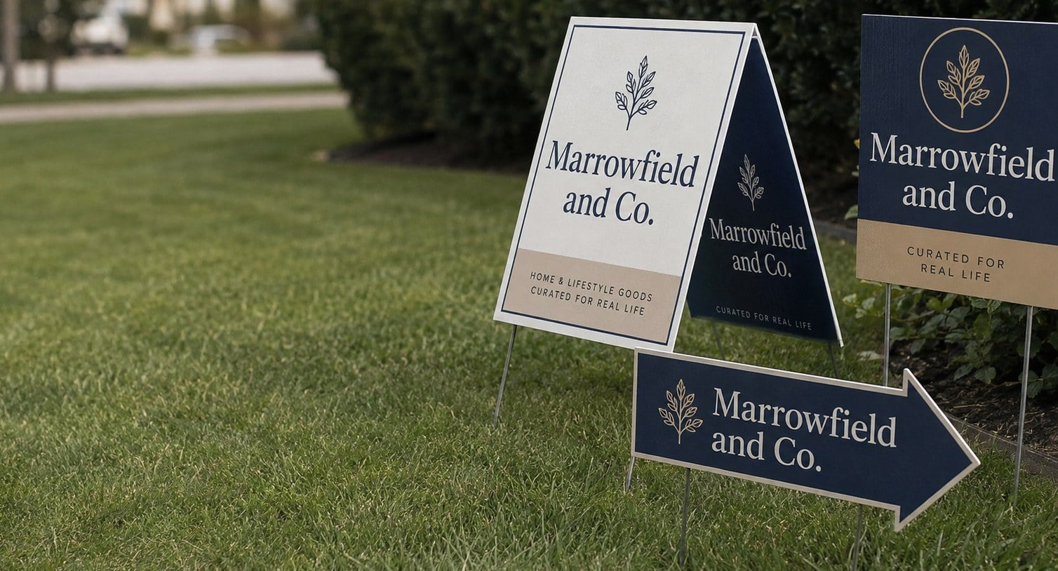 Custom printed yard signs with logo planted on a lawn